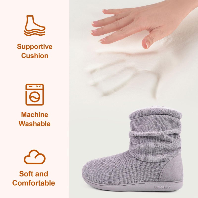 LongBay Women's Chenille Knit Bootie Slippers Cute Plush Fleece Memory Foam House Shoes (Medium / 7-8 B(M), Grey) - Image 5